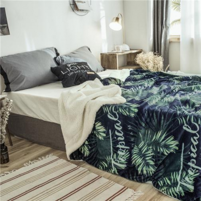 91家纺网 家纺一手货源 找家纺 昔可家纺 2018新品羊羔绒毛毯 热带植物