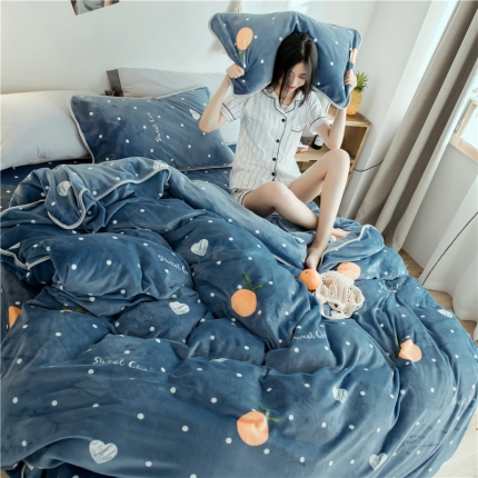 昔可家纺 2018新款牛奶绒四件套 爱心橘子