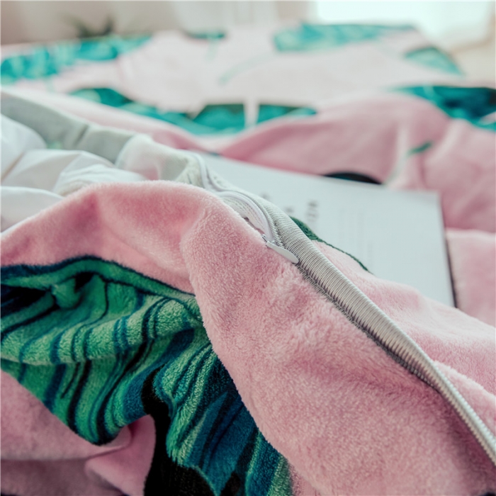 91家纺网 家纺一手货源 找家纺 昔可家纺 2018新款牛奶绒四件套 粉底绿植