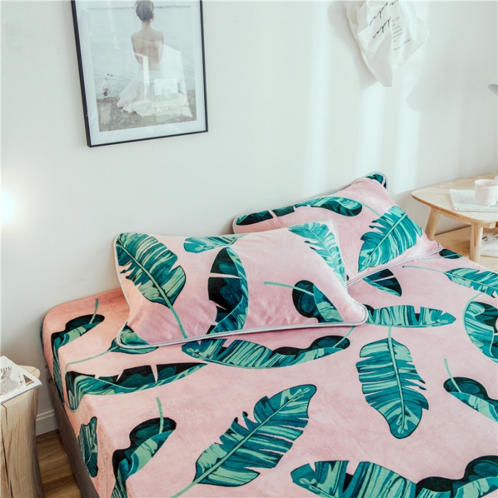 91家纺网 家纺一手货源 找家纺 昔可家纺 2018新款牛奶绒四件套 粉底绿植