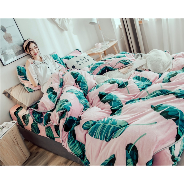 91家纺网 家纺一手货源 找家纺 昔可家纺 2018新款牛奶绒四件套 粉底绿植