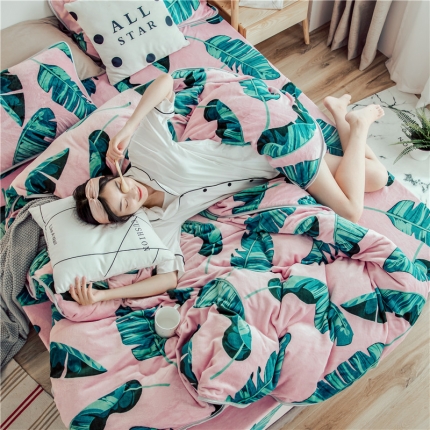 昔可家纺 2018新款牛奶绒四件套 粉底绿植