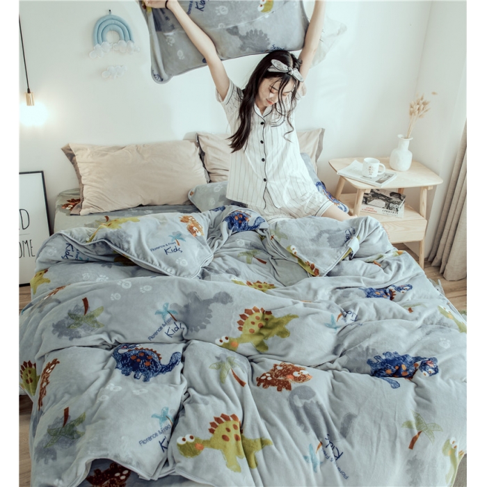 91家纺网 家纺一手货源 找家纺 昔可家纺 2018新款牛奶绒四件套 恐龙乐园