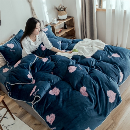 昔可家纺 2018新款牛奶绒四件套 蓝底爱心