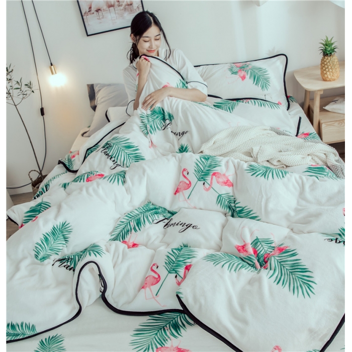 91家纺网 家纺一手货源 找家纺 昔可家纺 2018新款牛奶绒四件套 绿叶鸟