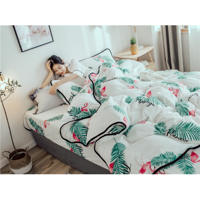 91家纺网 家纺一手货源 找家纺 昔可家纺 2018新款牛奶绒四件套 绿叶鸟