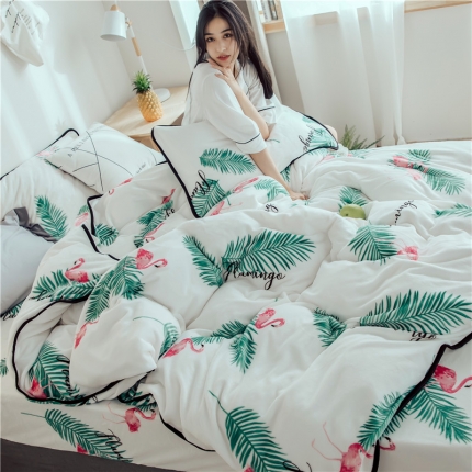 91家纺网 家纺一手货源 找家纺 昔可家纺 2018新款牛奶绒四件套 绿叶鸟