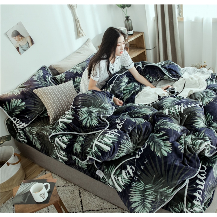 91家纺网 家纺一手货源 找家纺 昔可家纺 2018新款牛奶绒四件套 热带植物