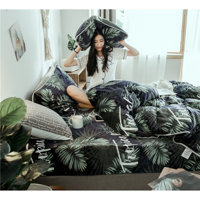 91家纺网 家纺一手货源 找家纺 昔可家纺 2018新款牛奶绒四件套 热带植物