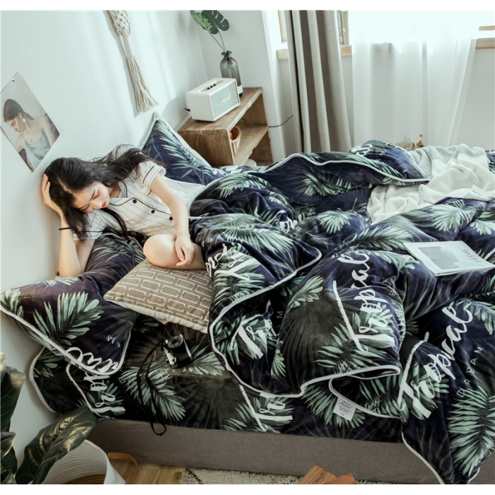 91家纺网 家纺一手货源 找家纺 昔可家纺 2018新款牛奶绒四件套 热带植物