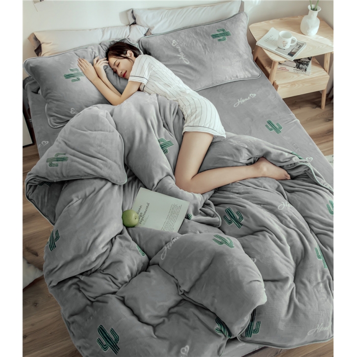 91家纺网 家纺一手货源 找家纺 昔可家纺 2018新款牛奶绒四件套 仙人掌