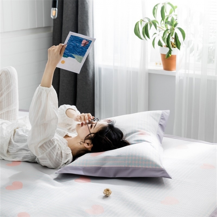 91家纺网 家纺一手货源 找家纺 昔可 2019新款太极石养生席新凉席 格子爱心-粉