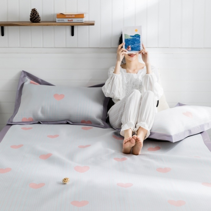 91家纺网 家纺一手货源 找家纺 昔可 2019新款太极石养生席新凉席 格子爱心-粉