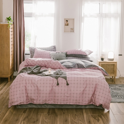 91家纺网 家纺一手货源 找家纺 昔可 2019新款13372棉加绒简约系列四件套 粉格子