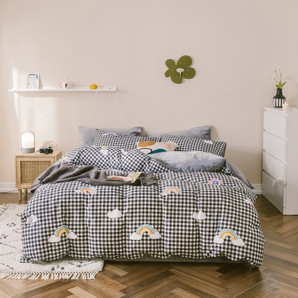 91家纺网 家纺一手货源 找家纺 昔可 2019新款13372棉加绒简约系列四件套 格子彩虹