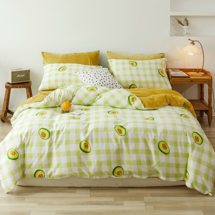 91家纺网 家纺一手货源 找家纺 昔可 2019新款13372棉加绒水果系列四件套 格子牛油果