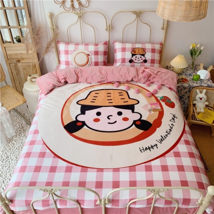 91家纺网 家纺一手货源 找家纺 昔可 2019新款设计师款韩国宝宝绒大版四件套 帽子女孩