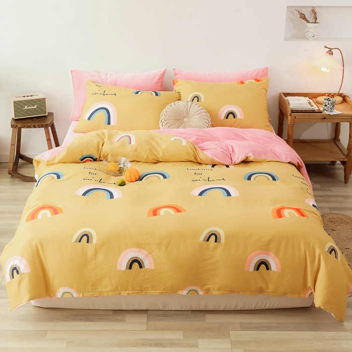 91家纺网 家纺一手货源 找家纺 昔可 2019新款13372棉加绒卡通系列四件套 彩虹-黄