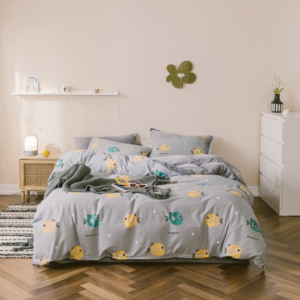 昔可 2019新款13372棉加绒卡通系列四件套 好多鱼