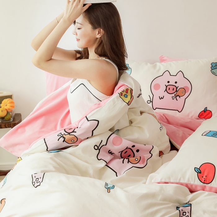 91家纺网 家纺一手货源 找家纺 昔可 2019新款13372棉加绒卡通系列四件套 贪吃猪