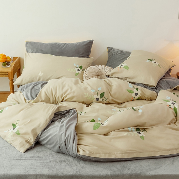 91家纺网 家纺一手货源 找家纺 昔可 2019新款13372棉加绒花卉系列四件套 蝴蝶花