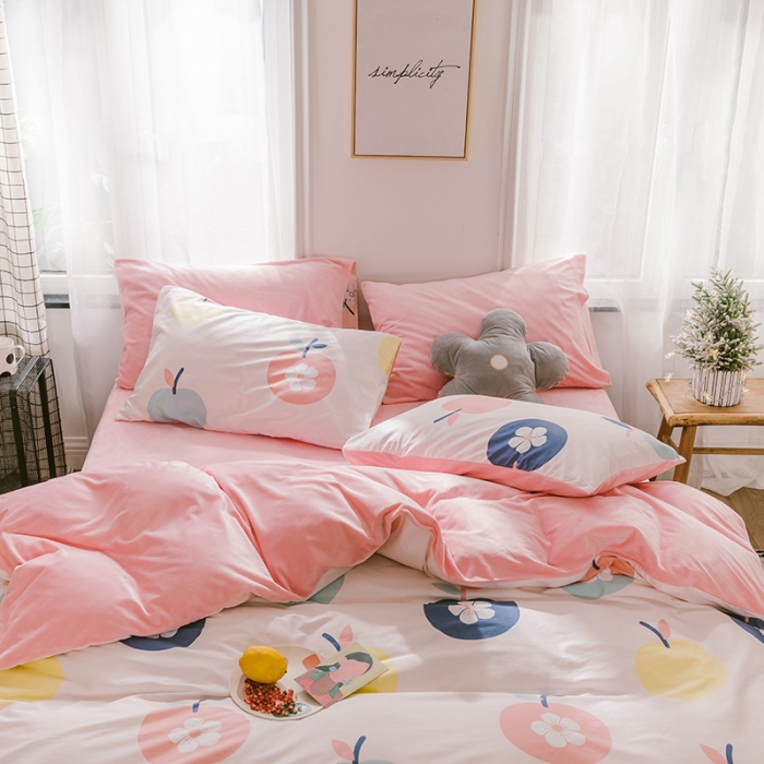 91家纺网 家纺一手货源 找家纺 昔可 2019新款13372棉加绒花卉系列四件套 花朵苹果