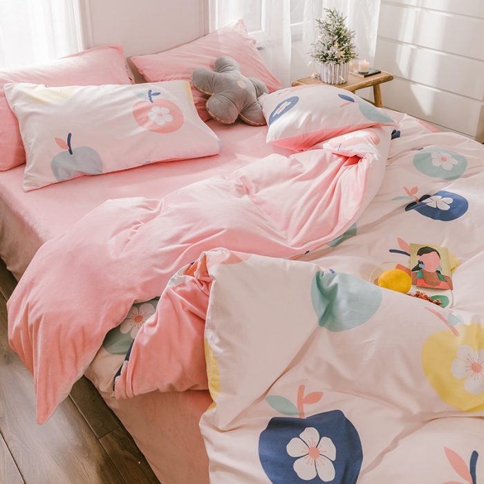 91家纺网 家纺一手货源 找家纺 昔可 2019新款13372棉加绒花卉系列四件套 花朵苹果