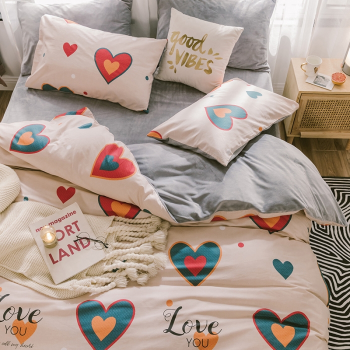 91家纺网 家纺一手货源 找家纺 昔可2019新款13372棉加绒简约系列四件套 LOVE爱心