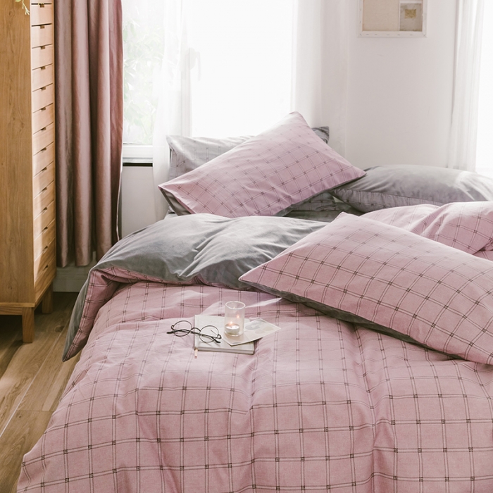 91家纺网 家纺一手货源 找家纺 昔可 2019新款13372棉加绒简约系列四件套 粉格子