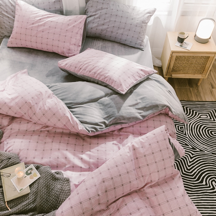 91家纺网 家纺一手货源 找家纺 昔可 2019新款13372棉加绒简约系列四件套 粉格子