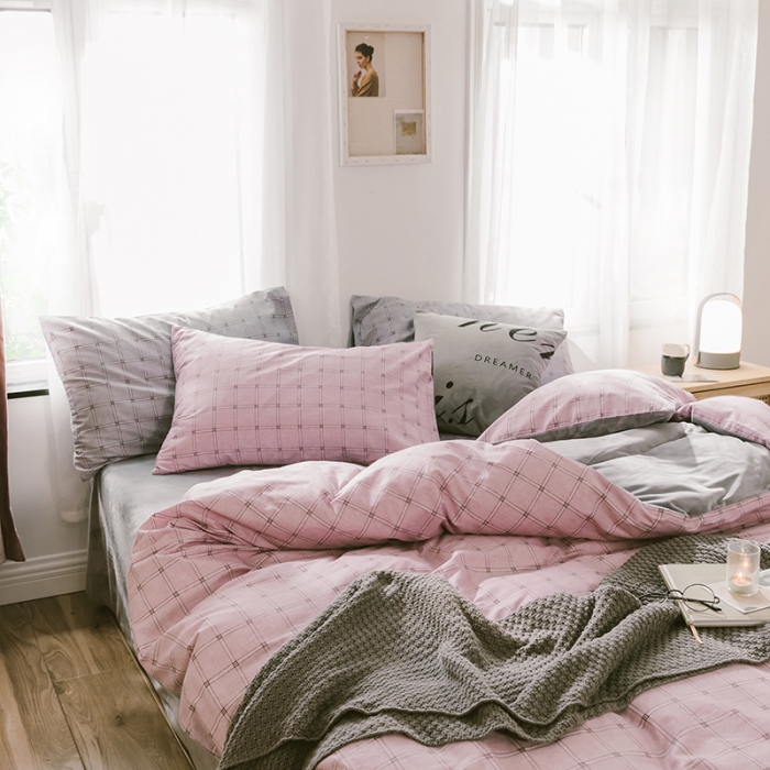 91家纺网 家纺一手货源 找家纺 昔可 2019新款13372棉加绒简约系列四件套 粉格子