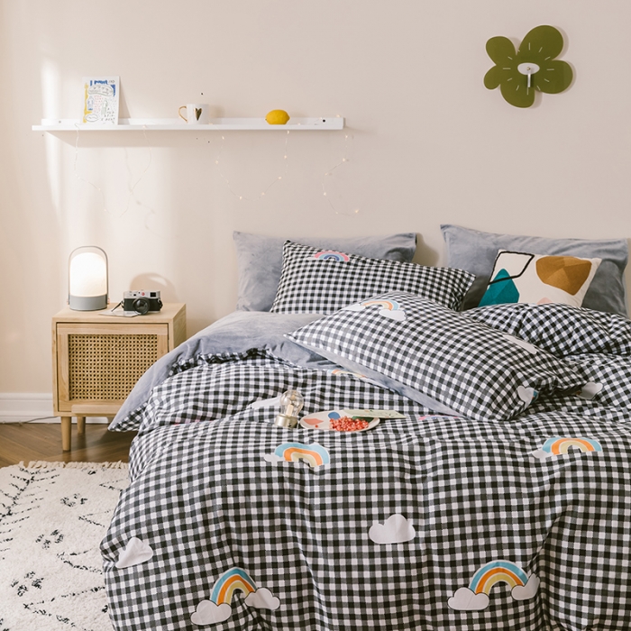 91家纺网 家纺一手货源 找家纺 昔可 2019新款13372棉加绒简约系列四件套 格子彩虹