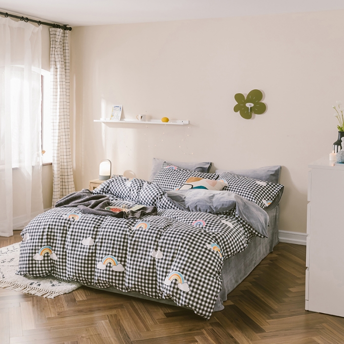 91家纺网 家纺一手货源 找家纺 昔可 2019新款13372棉加绒简约系列四件套 格子彩虹