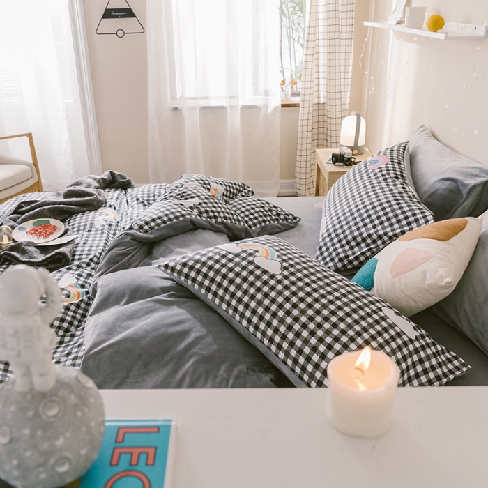 91家纺网 家纺一手货源 找家纺 昔可 2019新款13372棉加绒简约系列四件套 格子彩虹