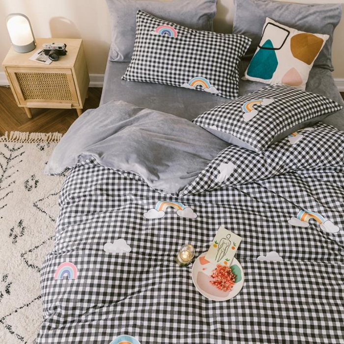 91家纺网 家纺一手货源 找家纺 昔可 2019新款13372棉加绒简约系列四件套 格子彩虹