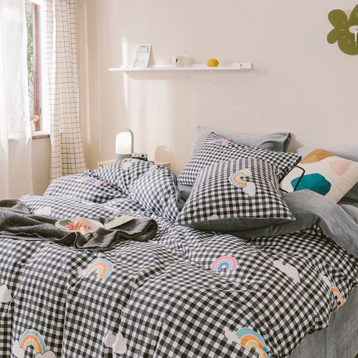 91家纺网 家纺一手货源 找家纺 昔可 2019新款13372棉加绒简约系列四件套 格子彩虹