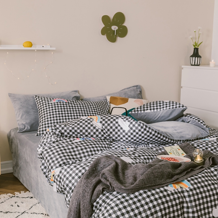 91家纺网 家纺一手货源 找家纺 昔可 2019新款13372棉加绒简约系列四件套 格子彩虹