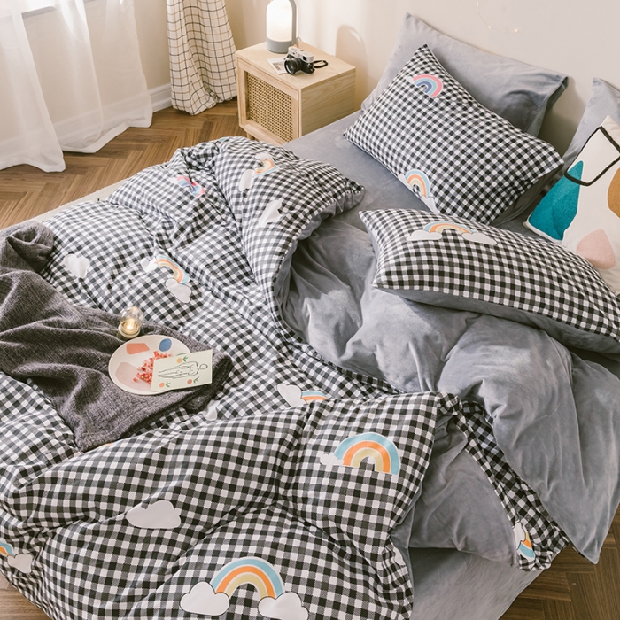 91家纺网 家纺一手货源 找家纺 昔可 2019新款13372棉加绒简约系列四件套 格子彩虹