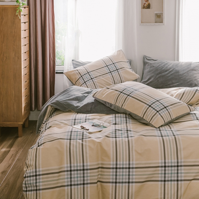 91家纺网 家纺一手货源 找家纺 昔可 2019新款13372棉加绒简约系列四件套 黄格子