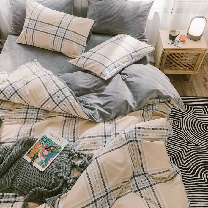 91家纺网 家纺一手货源 找家纺 昔可 2019新款13372棉加绒简约系列四件套 黄格子