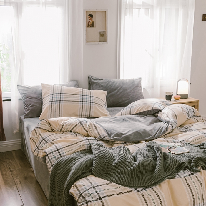 91家纺网 家纺一手货源 找家纺 昔可 2019新款13372棉加绒简约系列四件套 黄格子