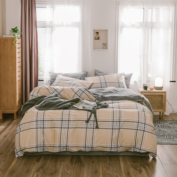 91家纺网 家纺一手货源 找家纺 昔可 2019新款13372棉加绒简约系列四件套 黄格子