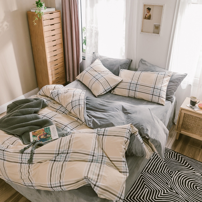 91家纺网 家纺一手货源 找家纺 昔可 2019新款13372棉加绒简约系列四件套 黄格子