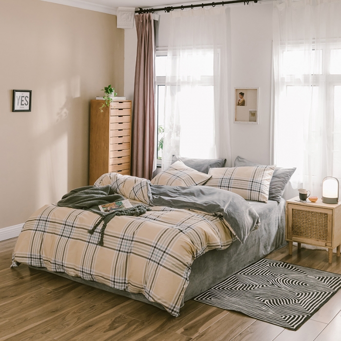 91家纺网 家纺一手货源 找家纺 昔可 2019新款13372棉加绒简约系列四件套 黄格子