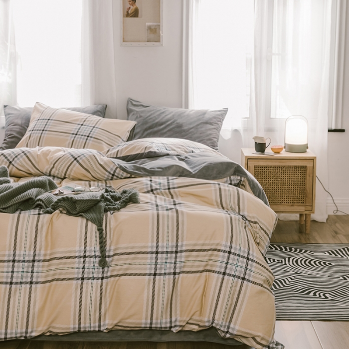 91家纺网 家纺一手货源 找家纺 昔可 2019新款13372棉加绒简约系列四件套 黄格子