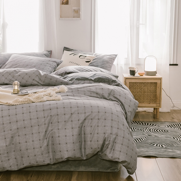 91家纺网 家纺一手货源 找家纺 昔可 2019新款13372棉加绒简约系列四件套 灰格子