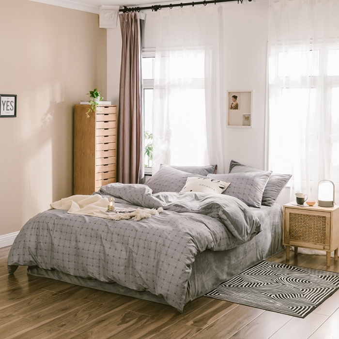 91家纺网 家纺一手货源 找家纺 昔可 2019新款13372棉加绒简约系列四件套 灰格子