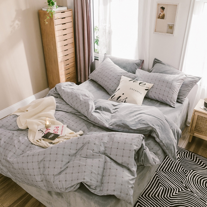 91家纺网 家纺一手货源 找家纺 昔可 2019新款13372棉加绒简约系列四件套 灰格子