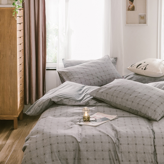 91家纺网 家纺一手货源 找家纺 昔可 2019新款13372棉加绒简约系列四件套 灰格子