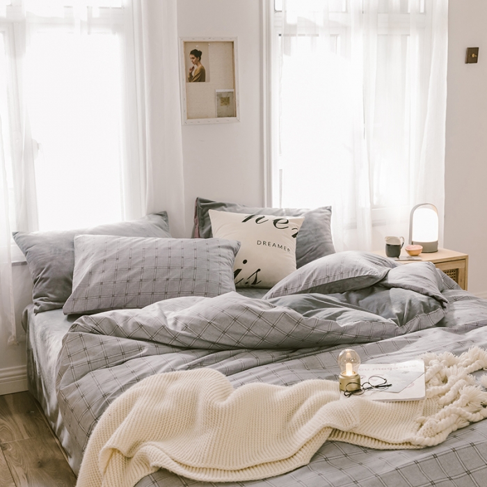 91家纺网 家纺一手货源 找家纺 昔可 2019新款13372棉加绒简约系列四件套 灰格子